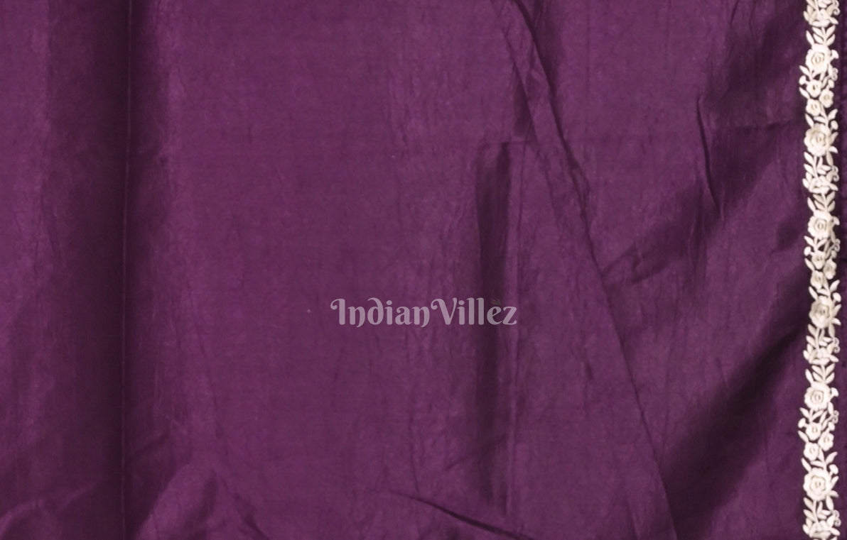 Purple Parsi Gara Satin Hand Embroidery Saree 