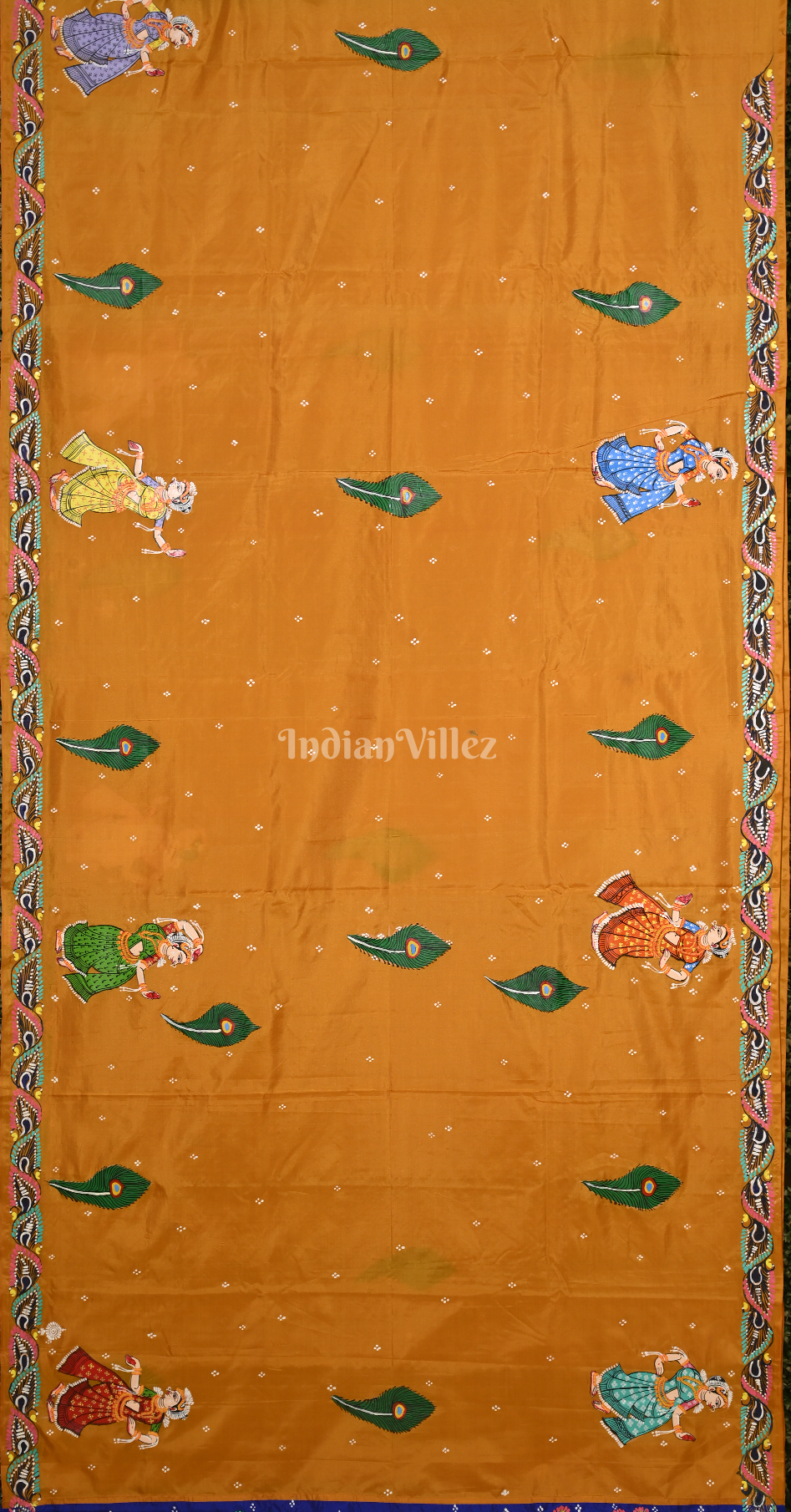 Mustard Yellow Blue (Mayur) & Nartaki Theme  Hand-Painted Pattachitra Saree 
