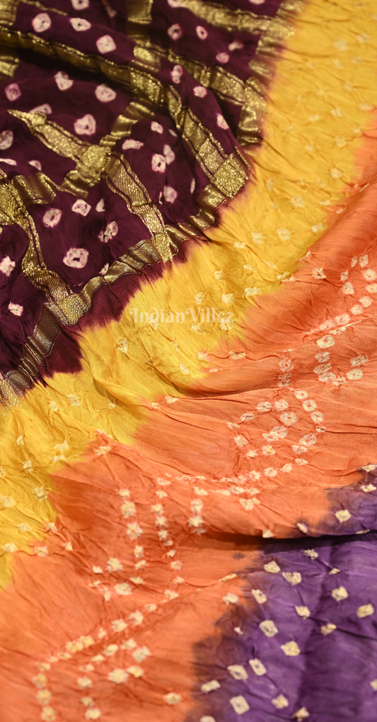 Wine with Multi Color Bandhej Ghatchola Gaji Silk Saree with Zari Work 