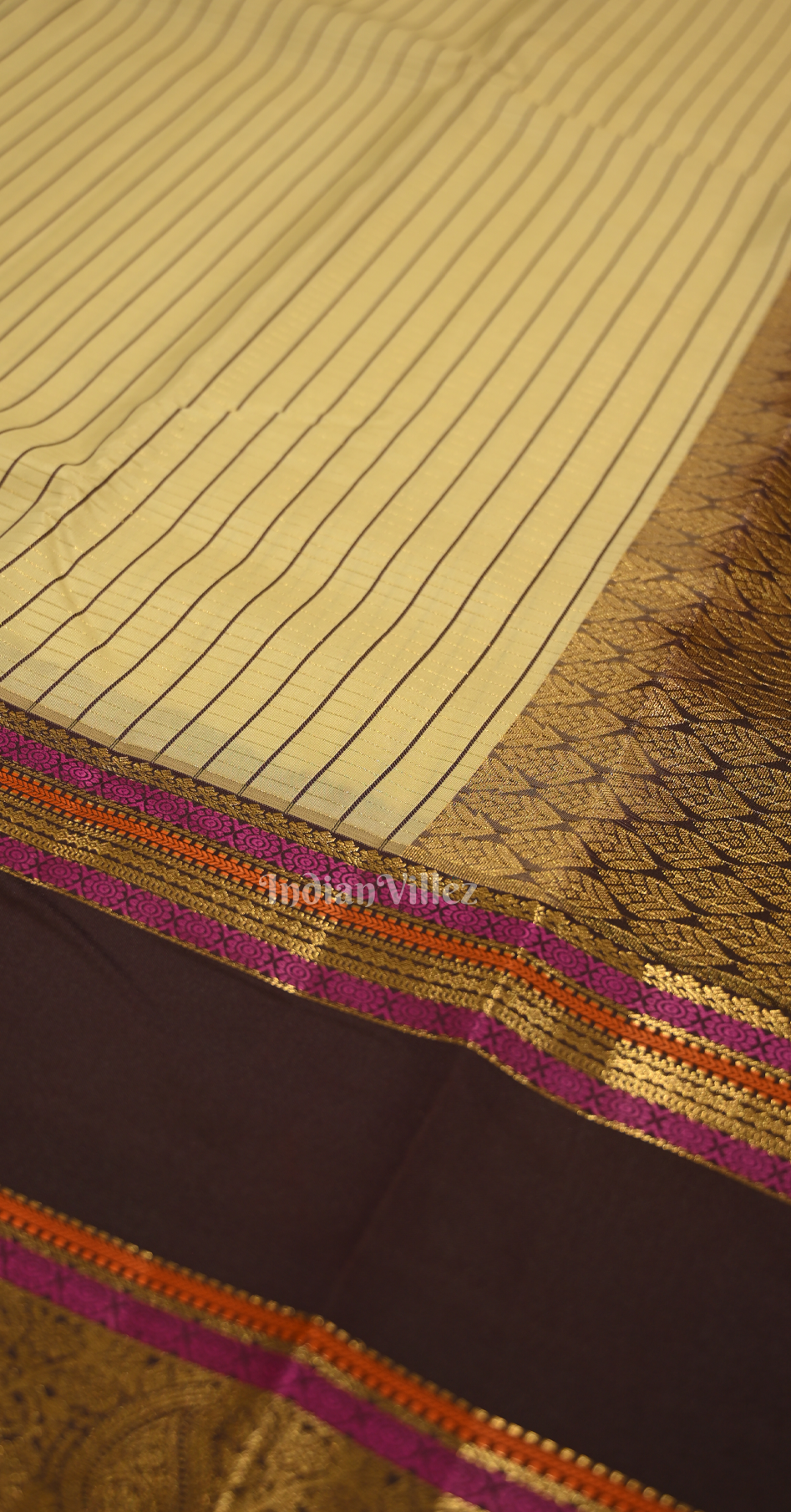 Cream Black Stripped Design Pure Gadwal Silk Saree