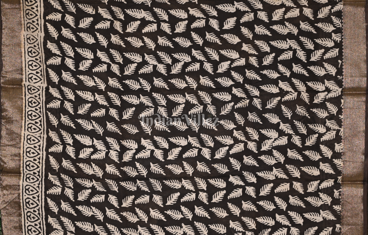 Black Yellow Block Printed Dabu Cotton Saree