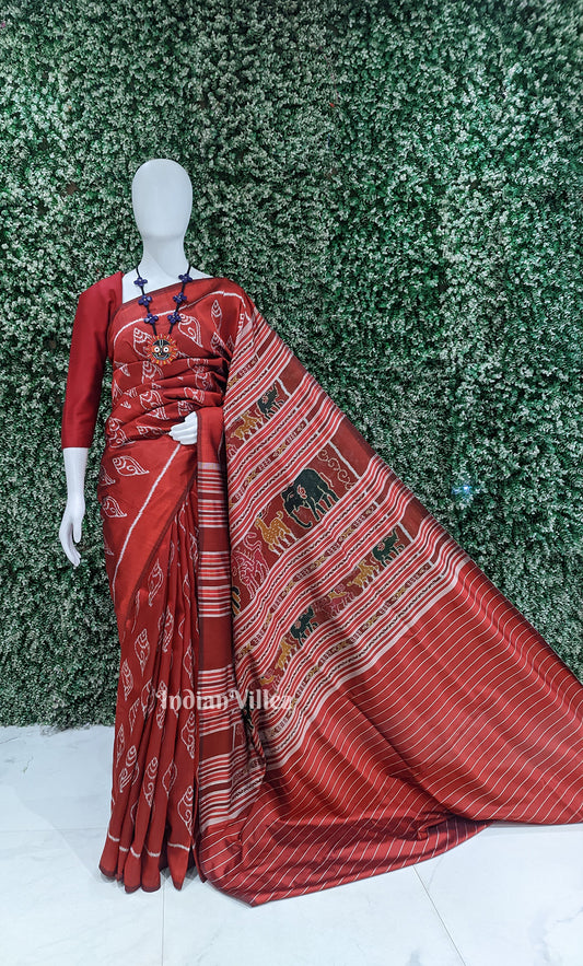 Red Sankha Motif Odisha Ikat Contemporary Designer Silk Saree