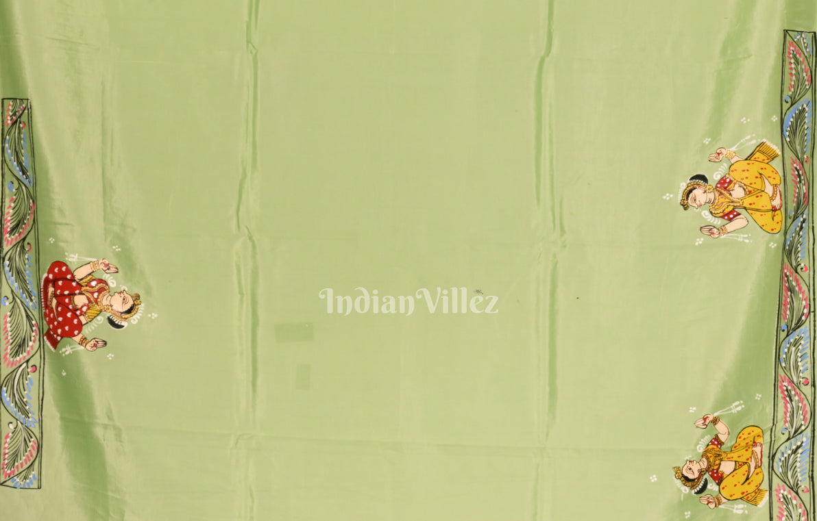 Pista Green Radha Krishna Raasleela Hand-Painted Pattachitra Saree 