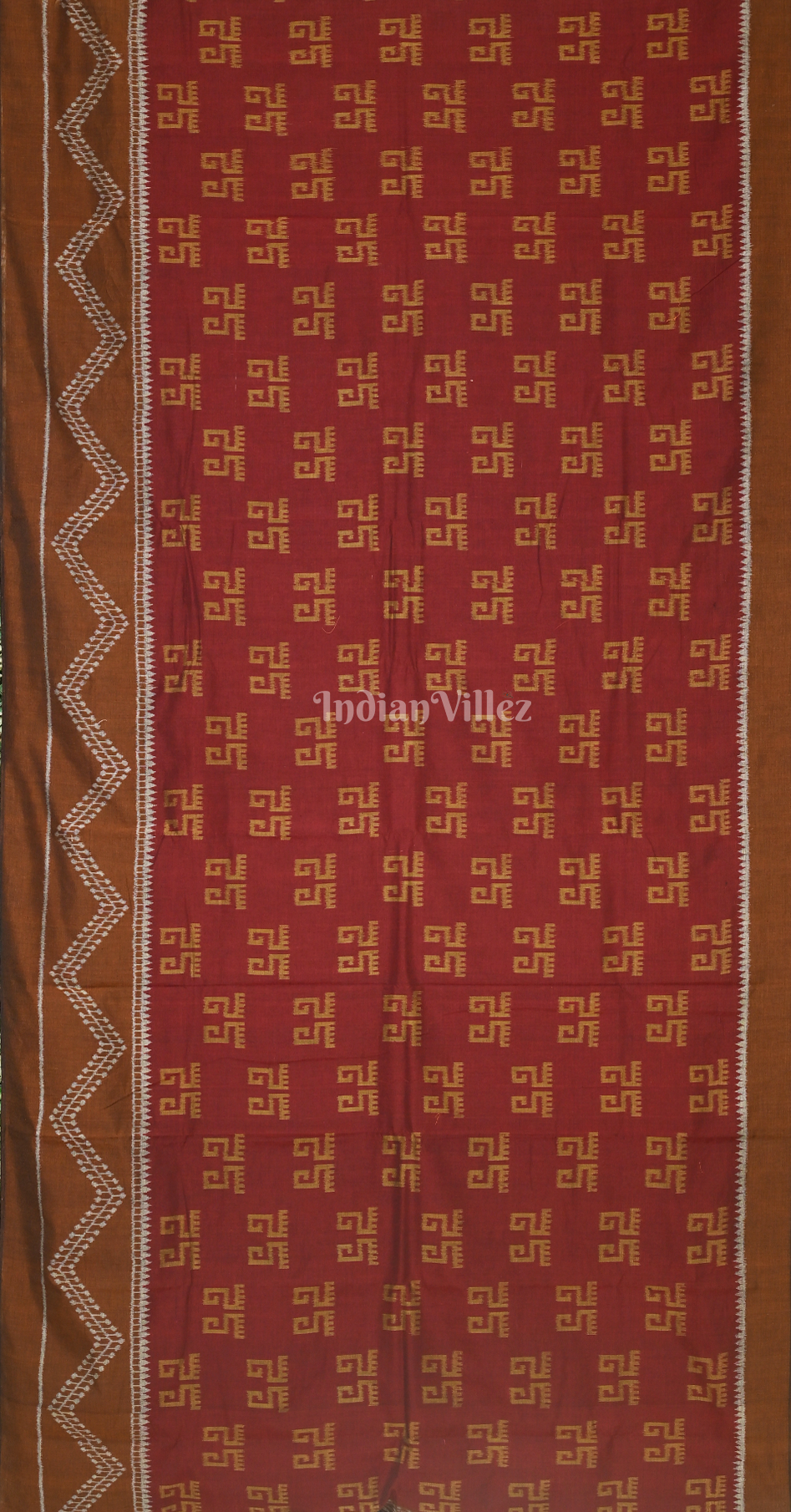 Maroon Brown Laxmipada Theme  Odisha Ikat Sambalpuri Cotton Saree With Tribal Anchal 