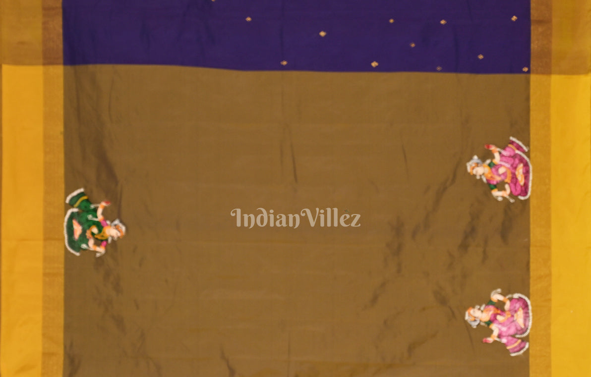 Blue Brown Raja Doli Theme Hand-Painted Pattachitra Saree
