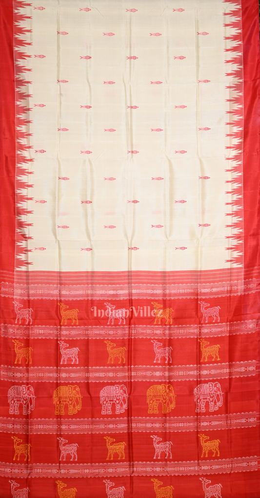 White Red Fish Motif Double Pallu Berhampuri Silk Saree 