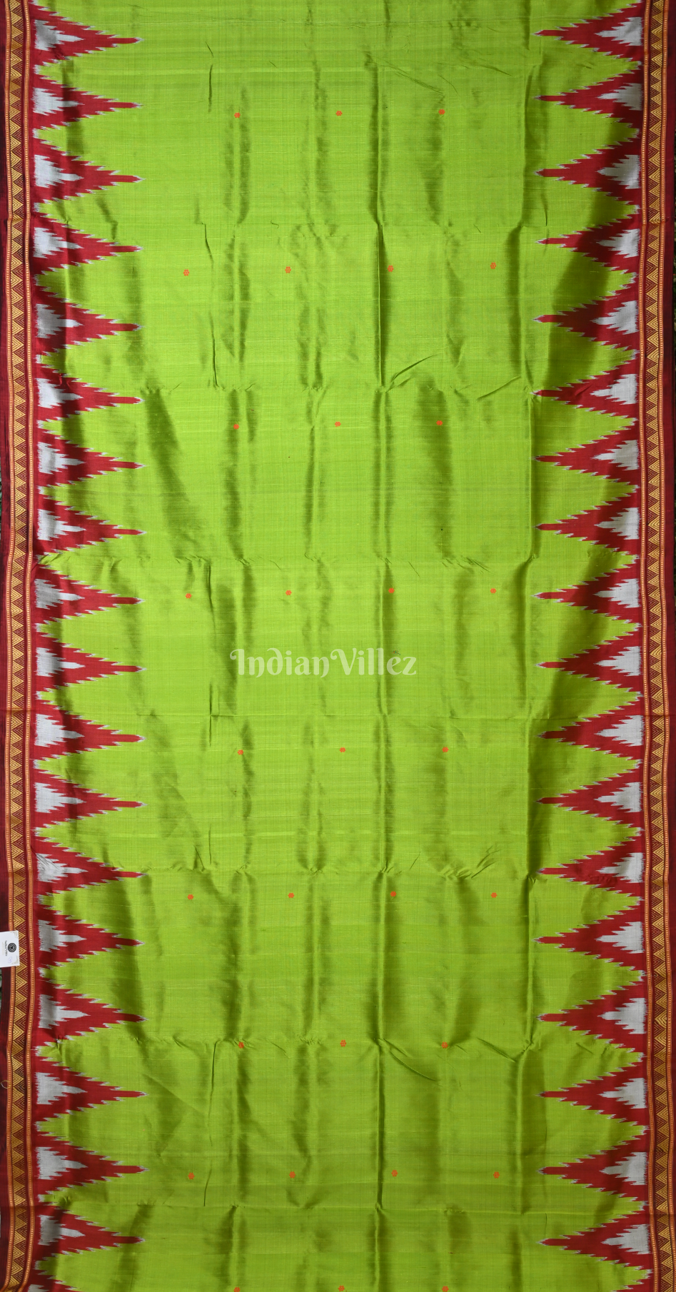 Parrot Green Red Buti Design Odisha Ikat Khandua Silk Saree 
