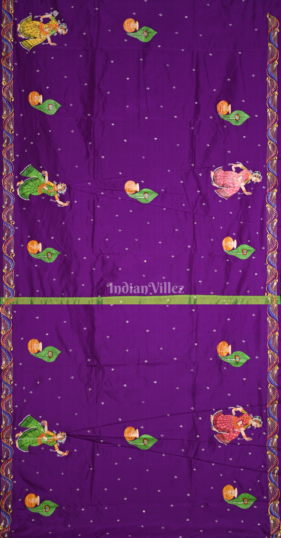 Green Purple Peacock (Mayur) & Nartaki Theme  Hand-Painted Pattachitra Saree 