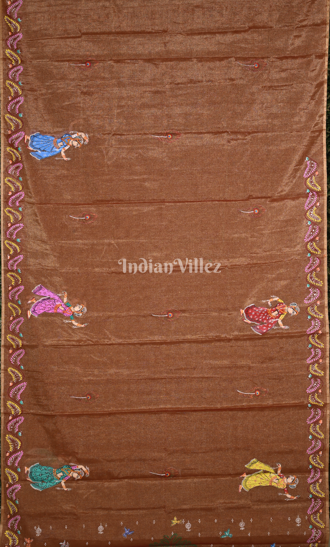 Rust Orange Dual Tone Krishna Raas Leela Hand- Painted Pattachitra Saree (Tissue)