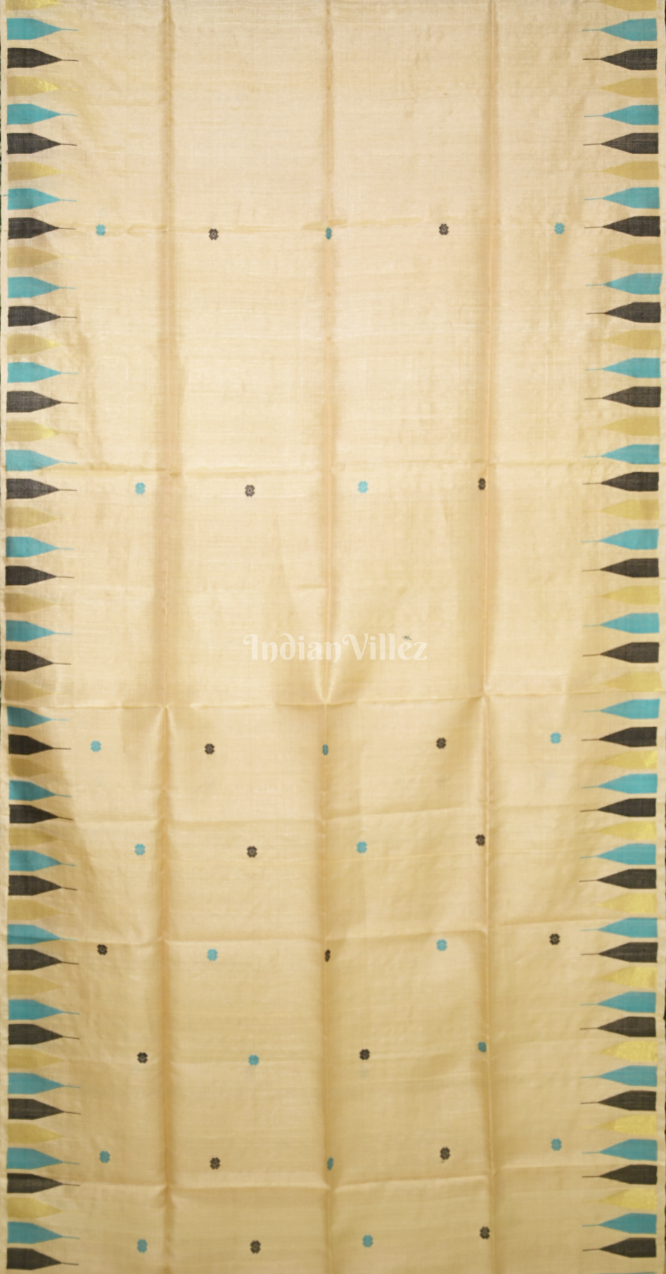 Beige Blue Tussar Silk Jamdani Saree