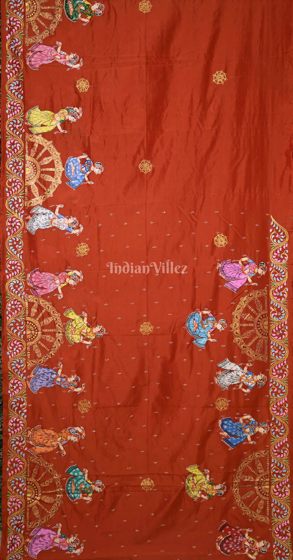 Rust Orange Nartaki Konark Temple Hand-Painted Pattachitra Saree