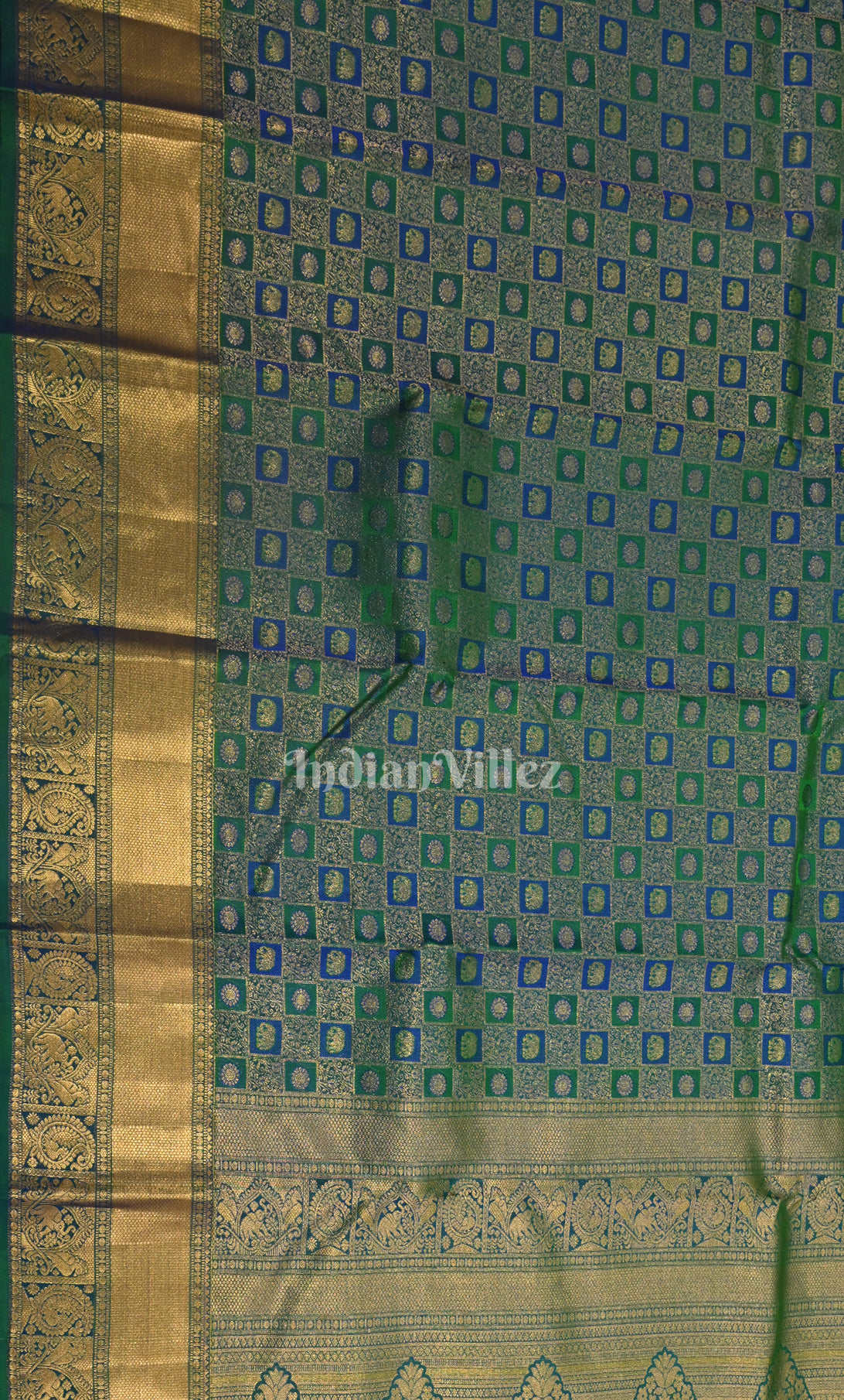 Blue Green Pure Kanjivaram Silk Saree with Zari Brocade