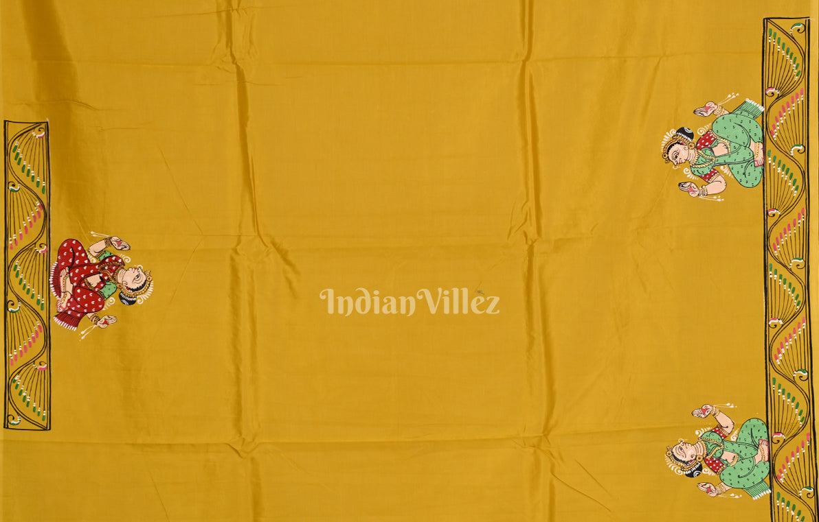 Yellow Raja Doli Theme Hand-Painted Pattachitra Saree
