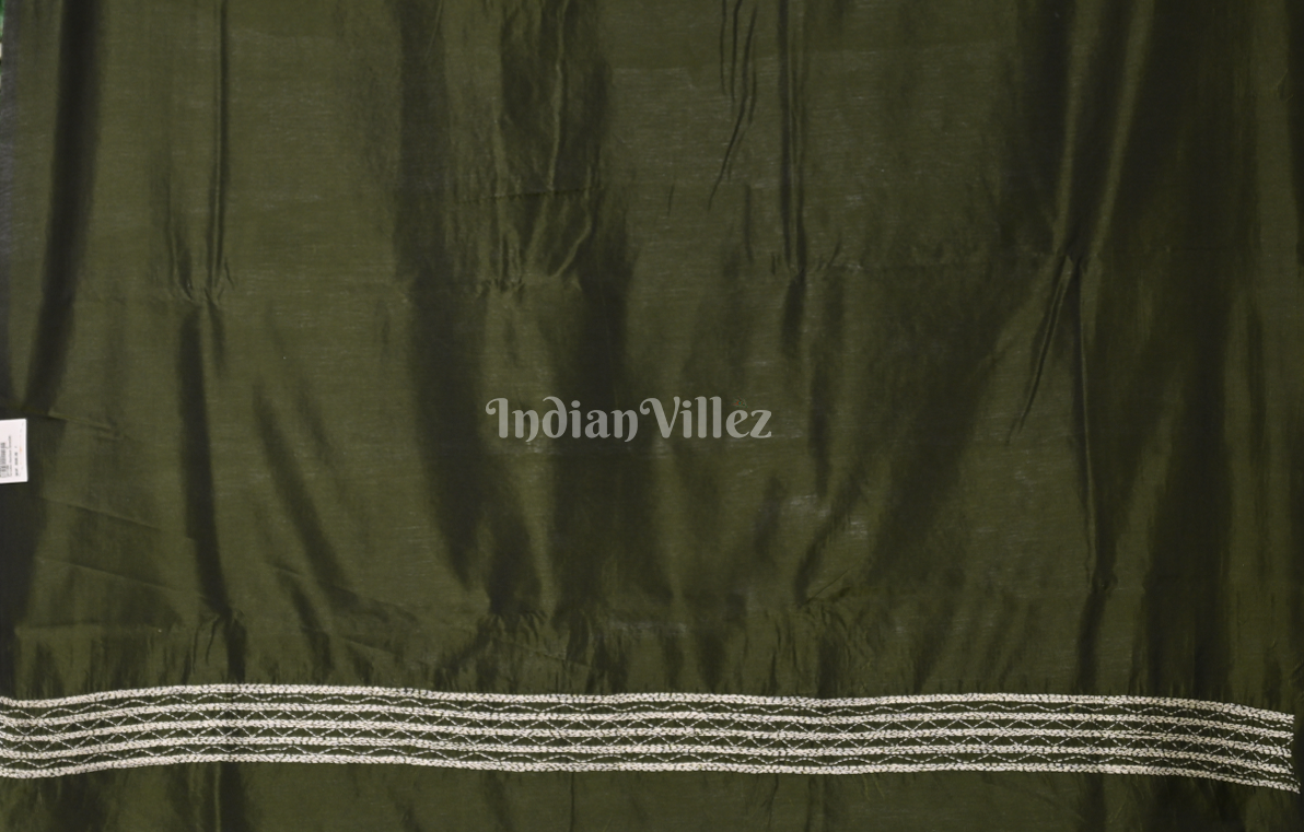 Dark Green Flower Motif Handwoven Kantha Stitch Silk Saree 