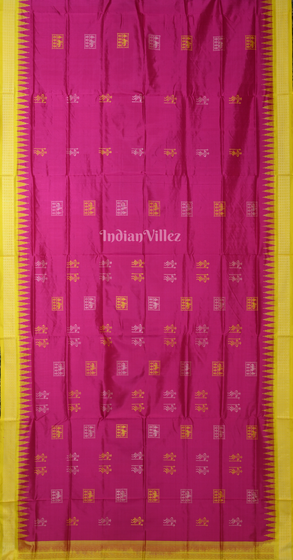 Rani Pink Yellow Tribal Motif Tussar Silk Saree with Sarabandha Anchal
