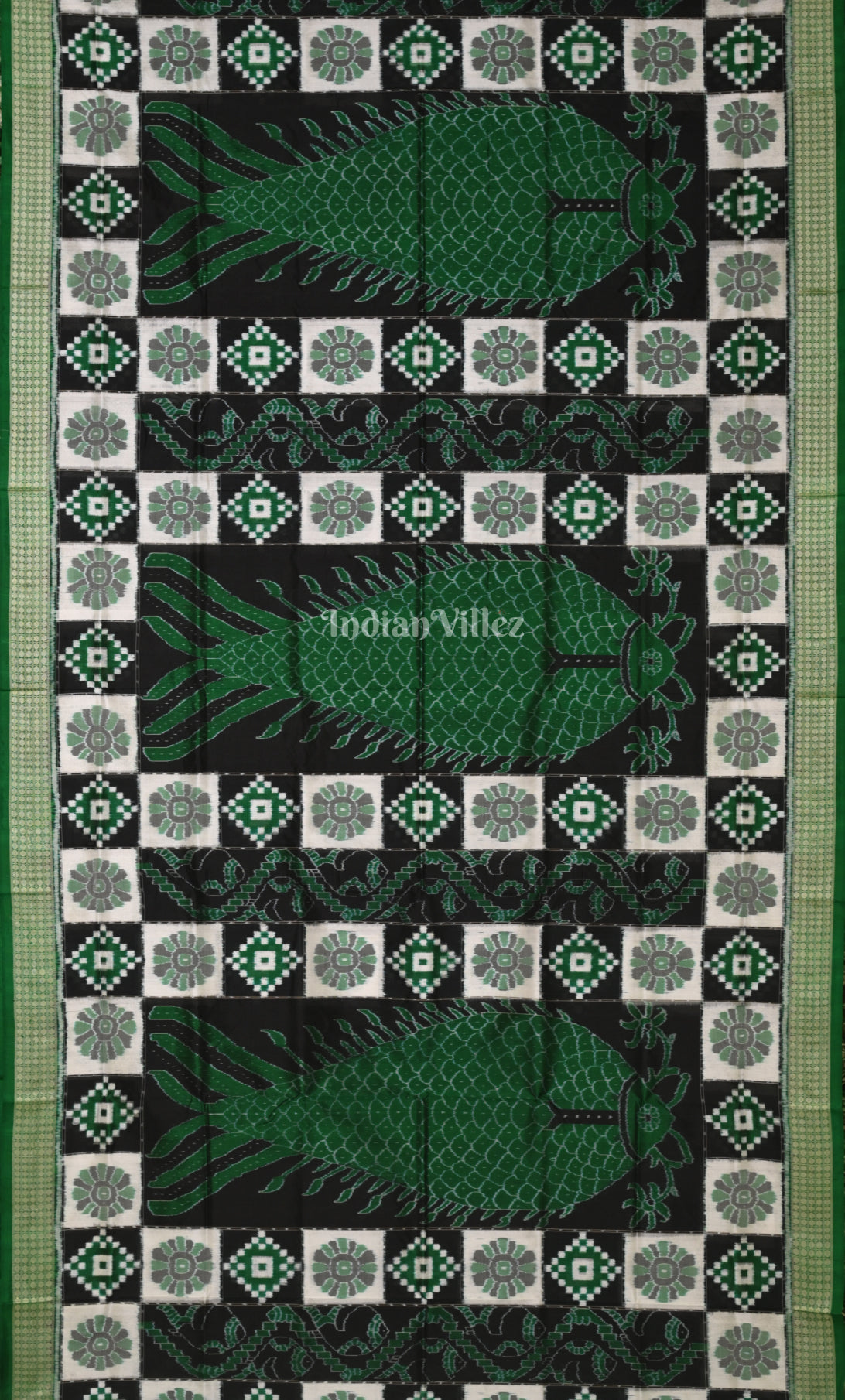 Black Green Fish Motif Odisha Ikat Sambalpuri Silk Saree