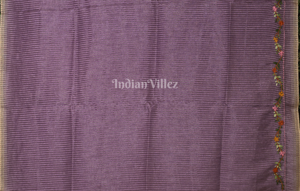 Purple Tusasr Silk Saree with Floral Embroidery Work 