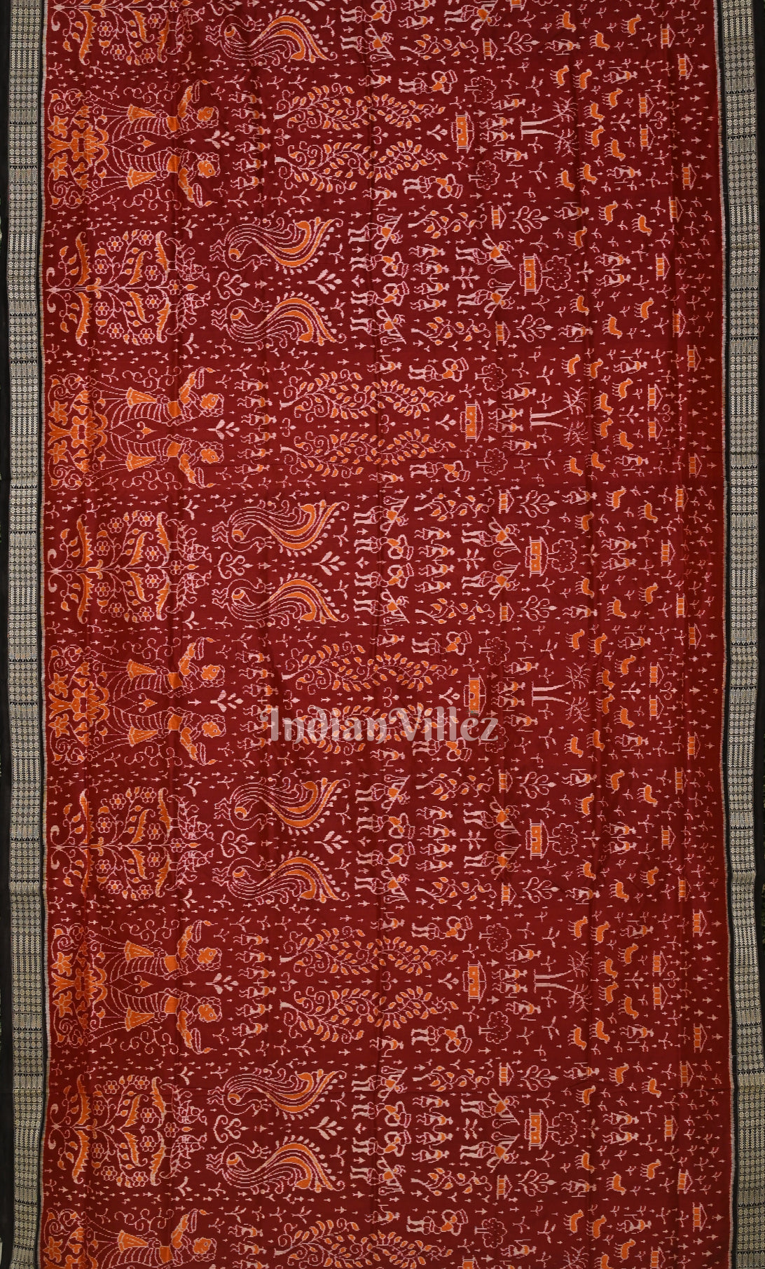 Maroon Black Tribal Diwali Theme Sambalpuri Silk Saree with Doli Barat Anchal  