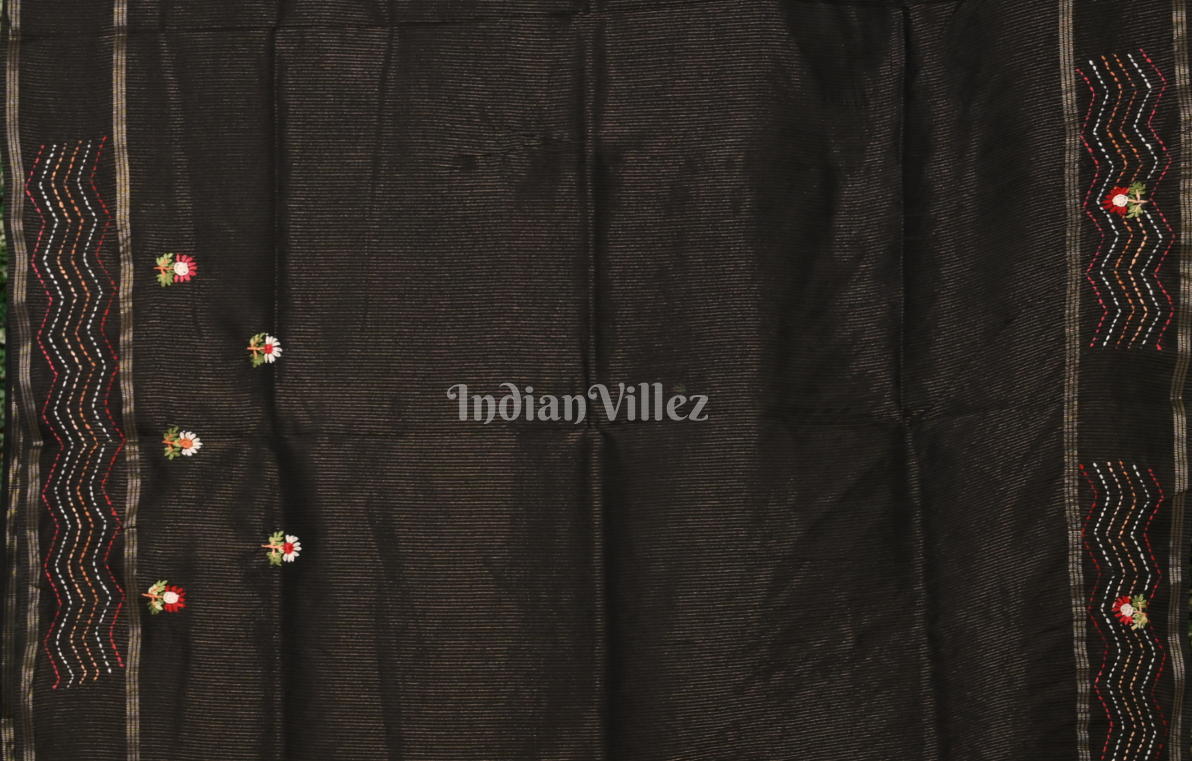 Black Tussar Silk Saree with Floral Embroidery Work