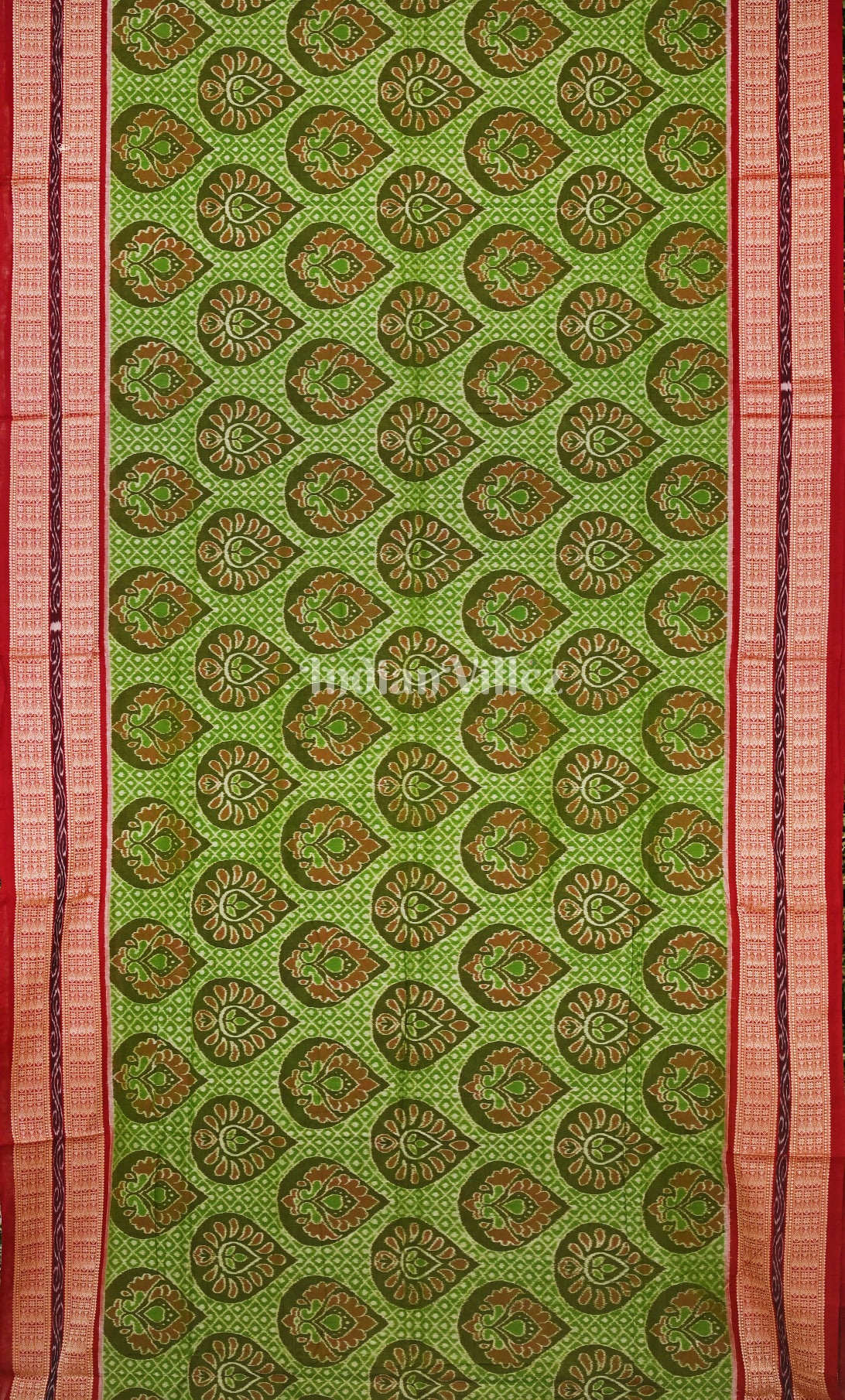  Green Red  Flower Motif Odisha Ikat Sambalpuri Cotton Saree 