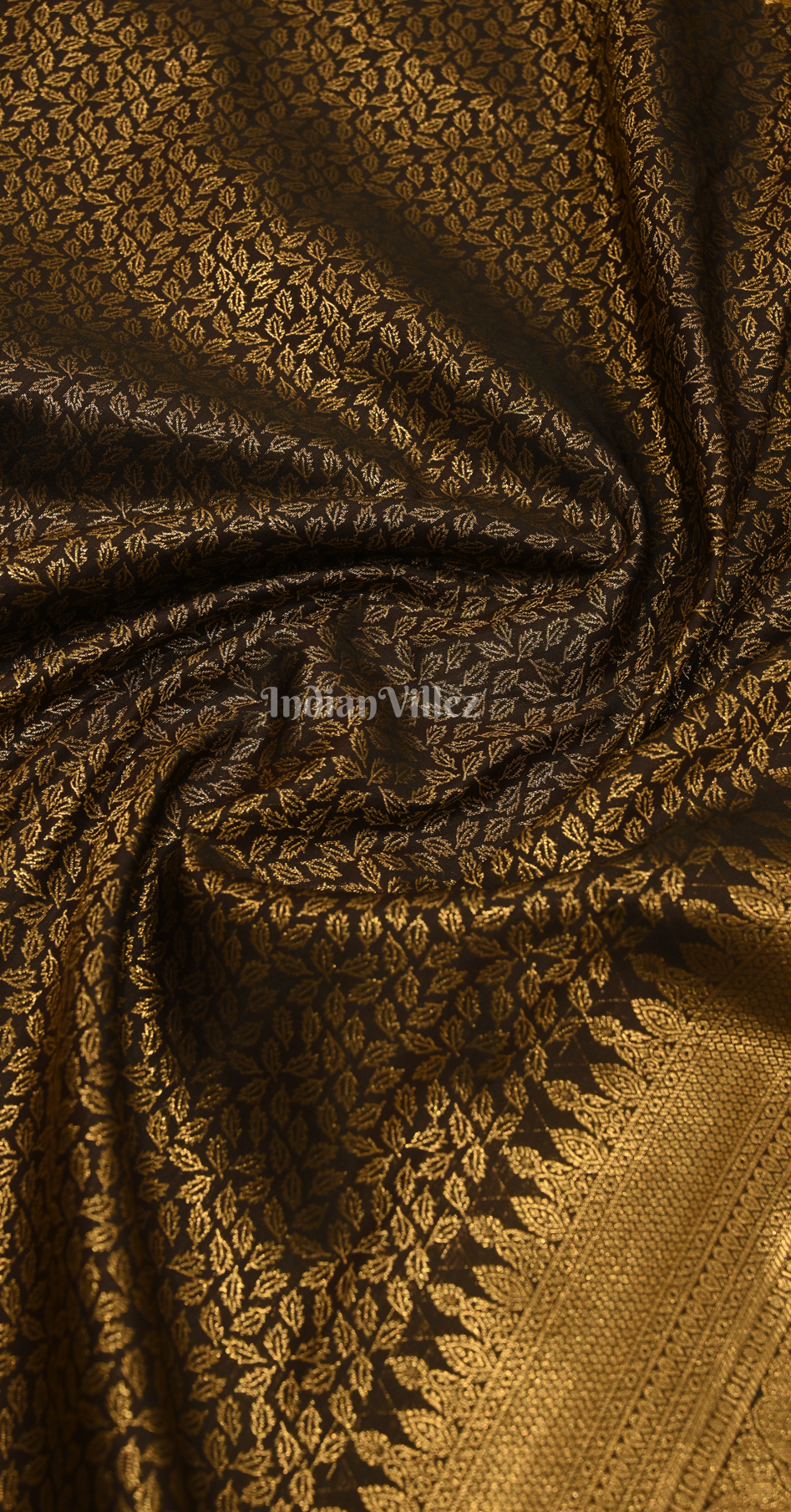 Black Golden Leaf Motif Pure Brocade Kanjivaram Silk Saree 