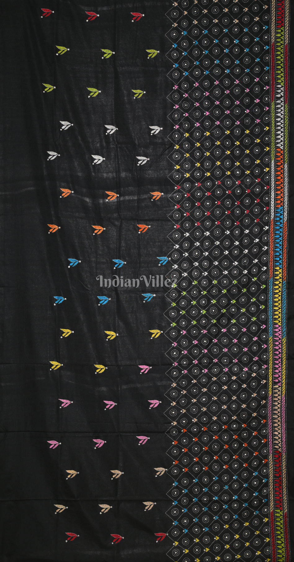 Black Handwoven Kantha Stitch Silk Saree