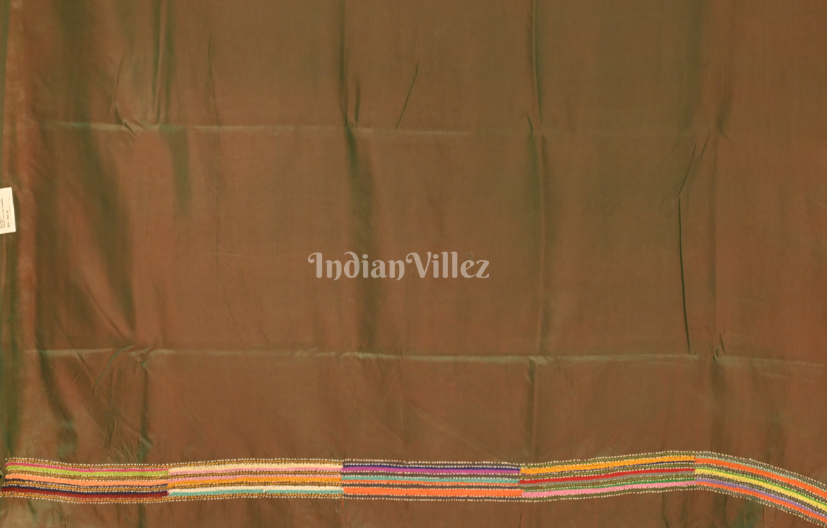 Olive Green Handwoven Kantha Stitch Silk Saree