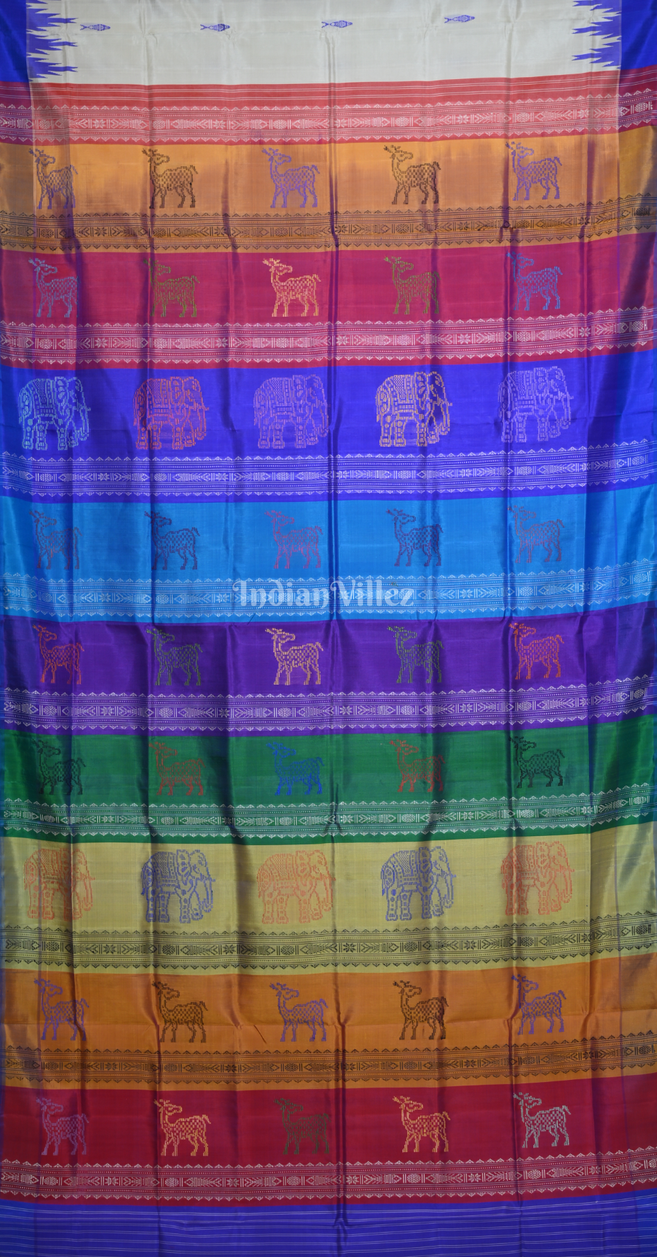 White Blue Fish Motif Double Pallu Berhampuri Silk Saree 