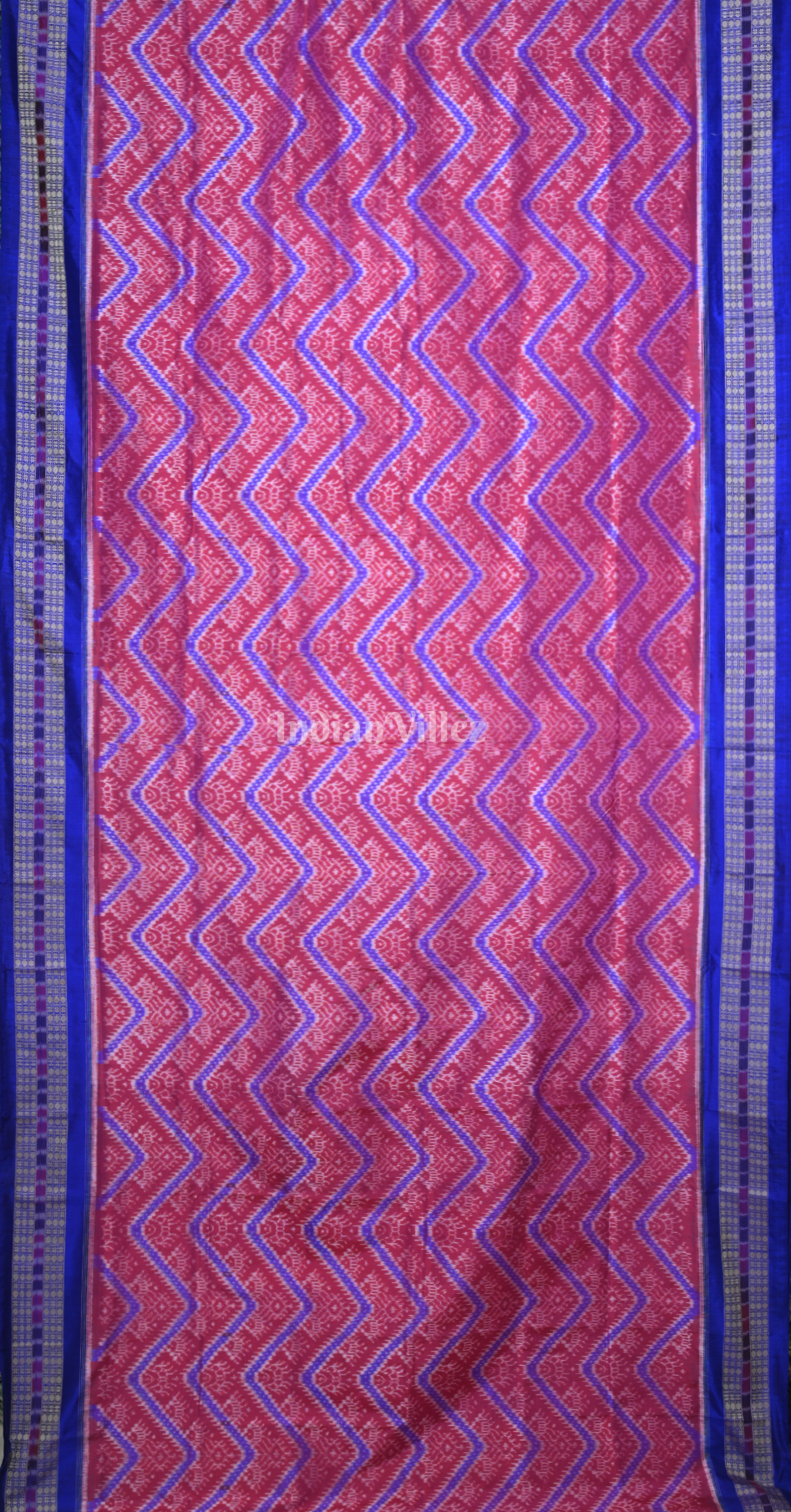 Red Blue Tribal Motif Odisha Ikat Sambalpuri Silk Saree with Double Blouse Piece