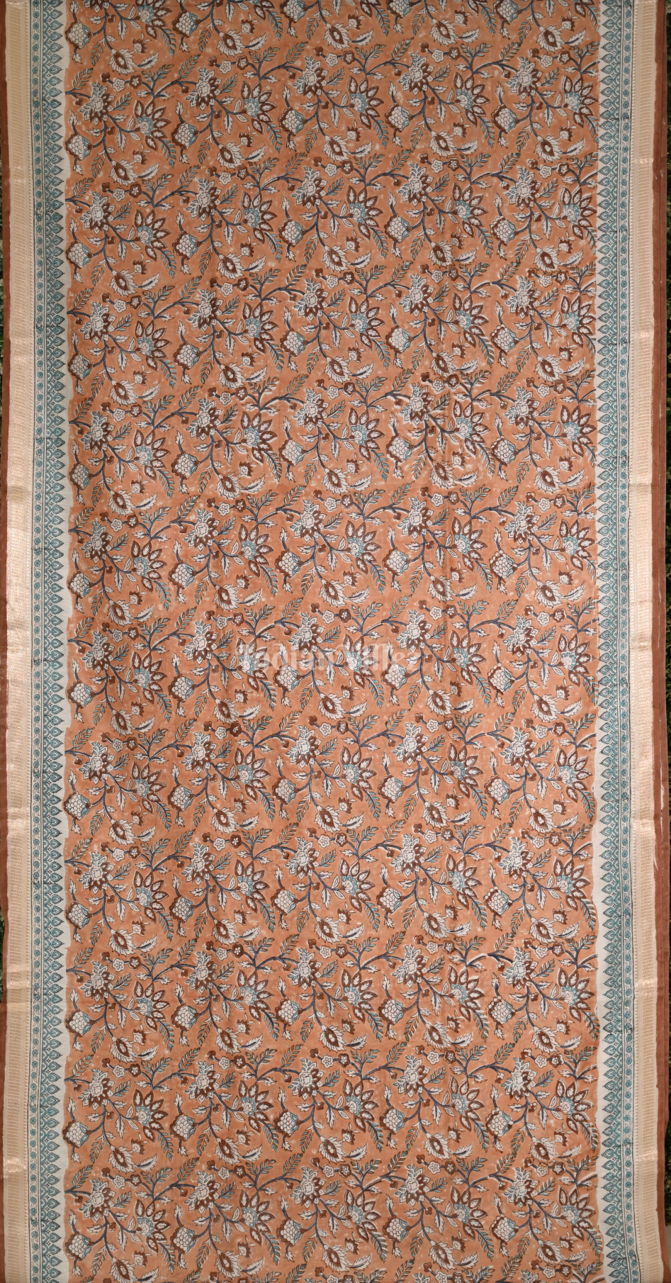 Light Orange Block Printed Sanganeri Cotton Saree
