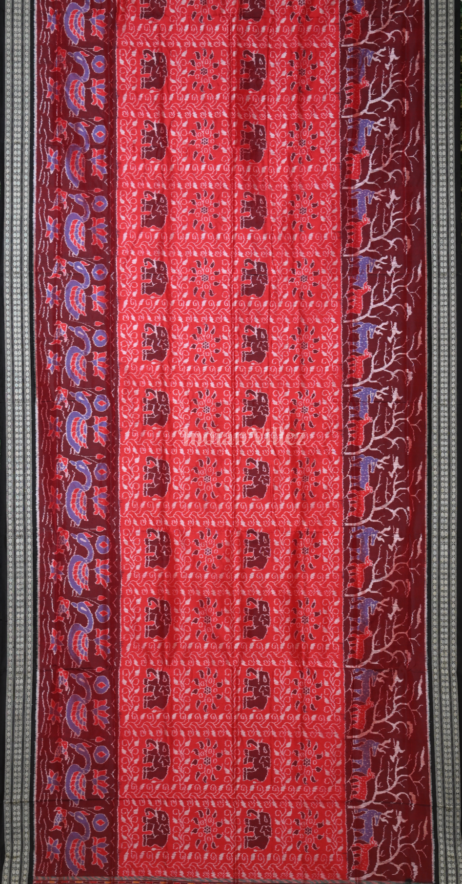 Red Black Tree & Elephant Motif Odisha Ikat Sambalpuri Silk Saree