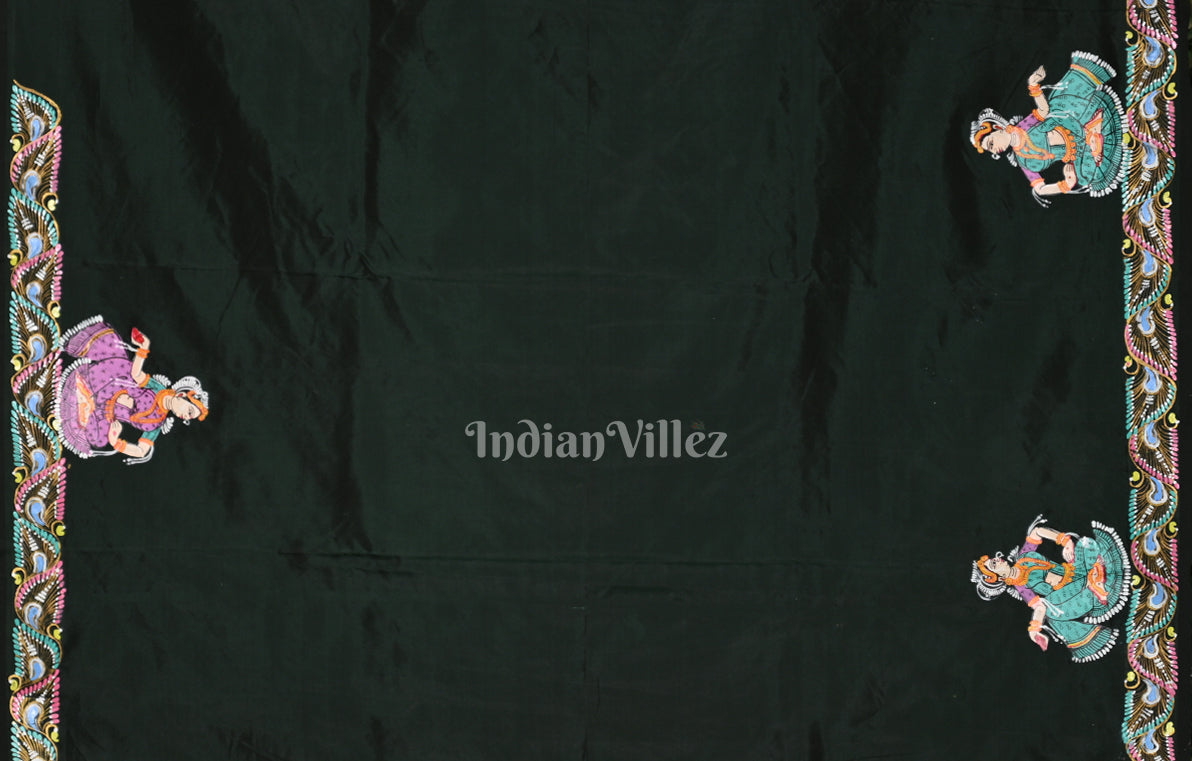 Bottle Green Krishna Raas Hand-Painted Pattachitra Saree 