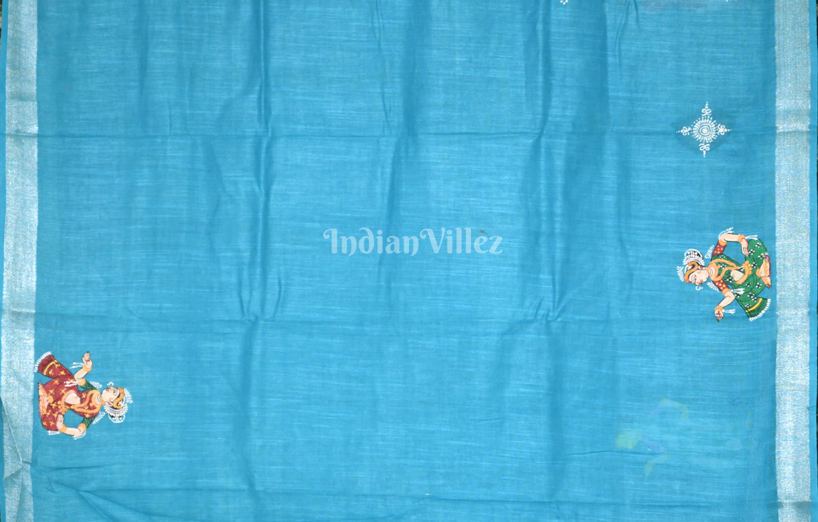 Sky Blue Krishna Rasa Leela Hand-Painted Saree 