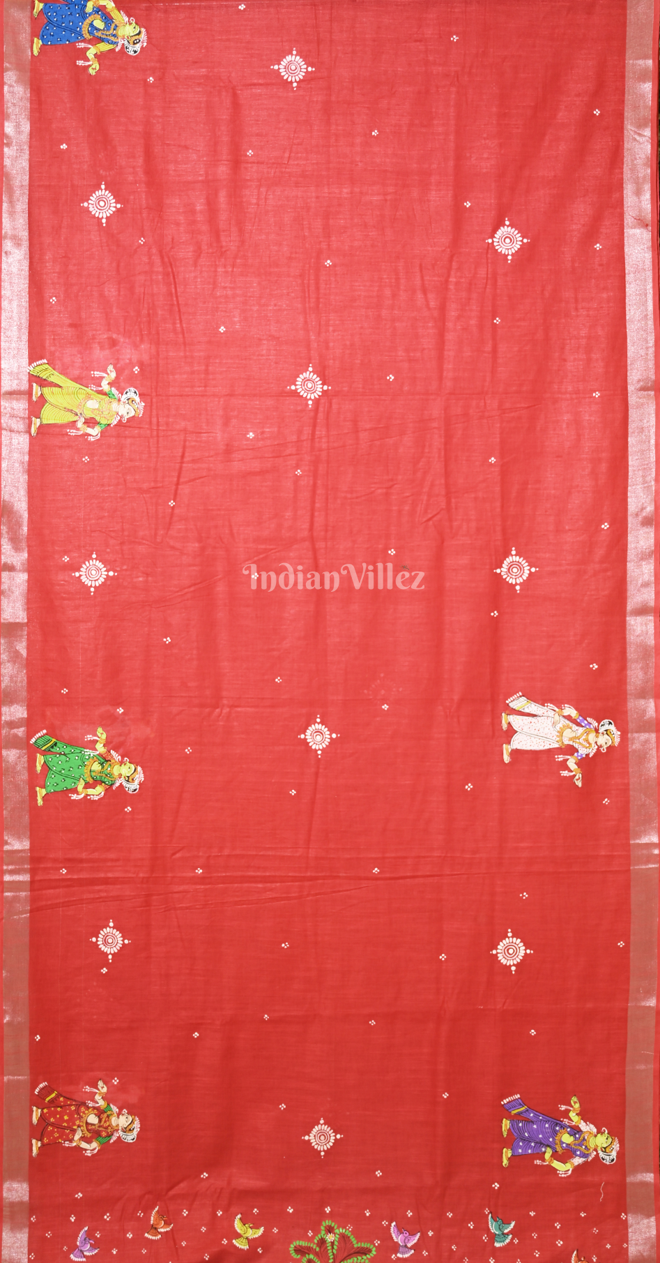 Red Raja Doli Theme Hand-Painted Pattachitra Saree