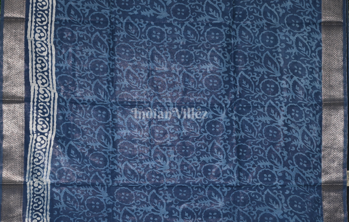 Blue Block Printed Dabu Cotton Saree 