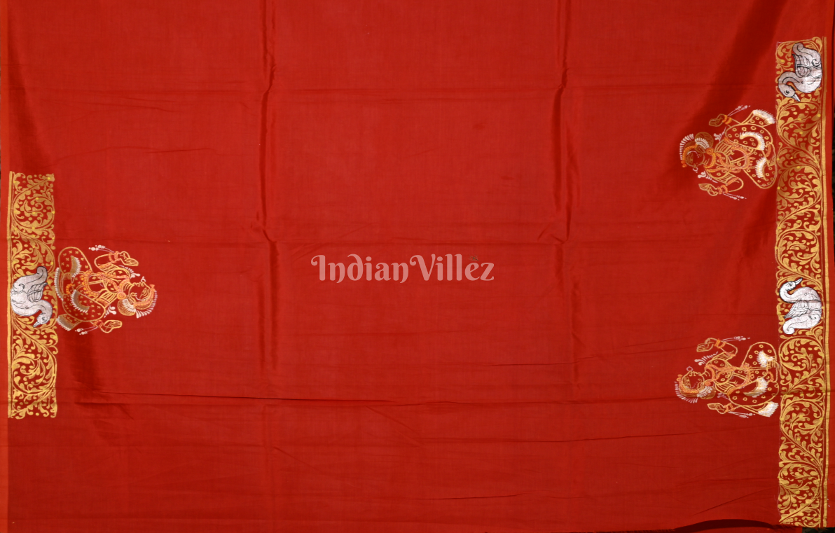 Red Radha Krishna Raas Leela Hand-Painted Pattachitra Saree 