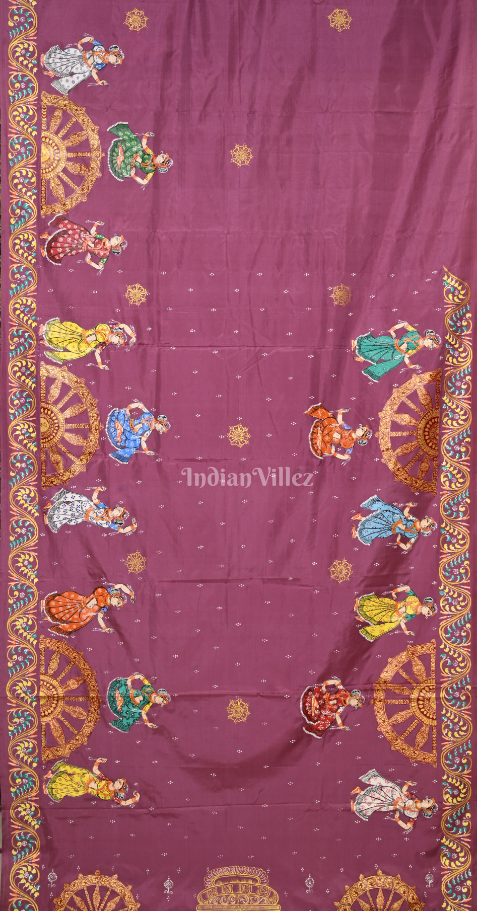 Pink Golden Nartaki Konark Temple Hand-Painted Pattachitra Saree 