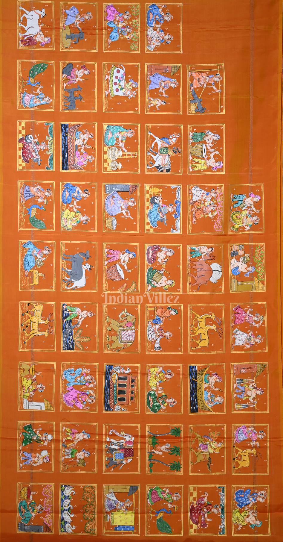 Rust Orange Purple Village Theme Hand- Painted Pattachitra Saree 