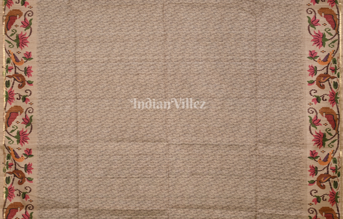 Peacock Blue Beige Check Pattern Tusasr Silk Saree