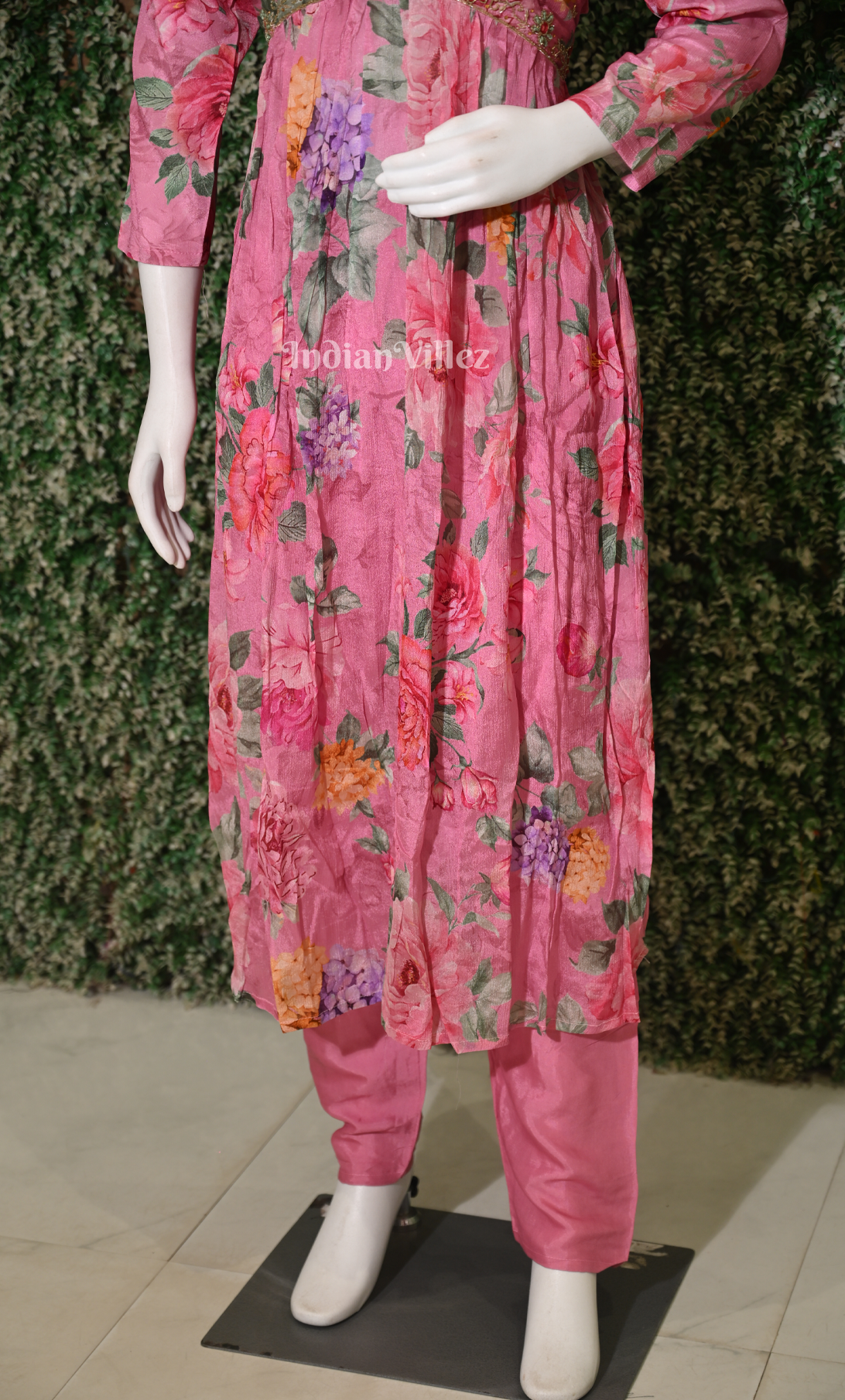 Baby Pink Floral Embroidered Alia Cut Kurta Plazzoo with Dupatta set 