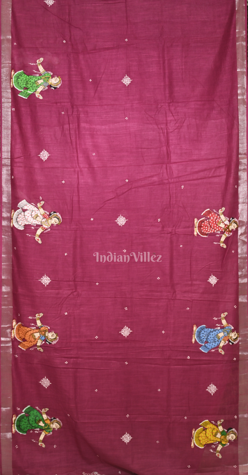 Maroon Mehendi Green raja Doli Theme Hand-Painted Pattachitra Saree 
