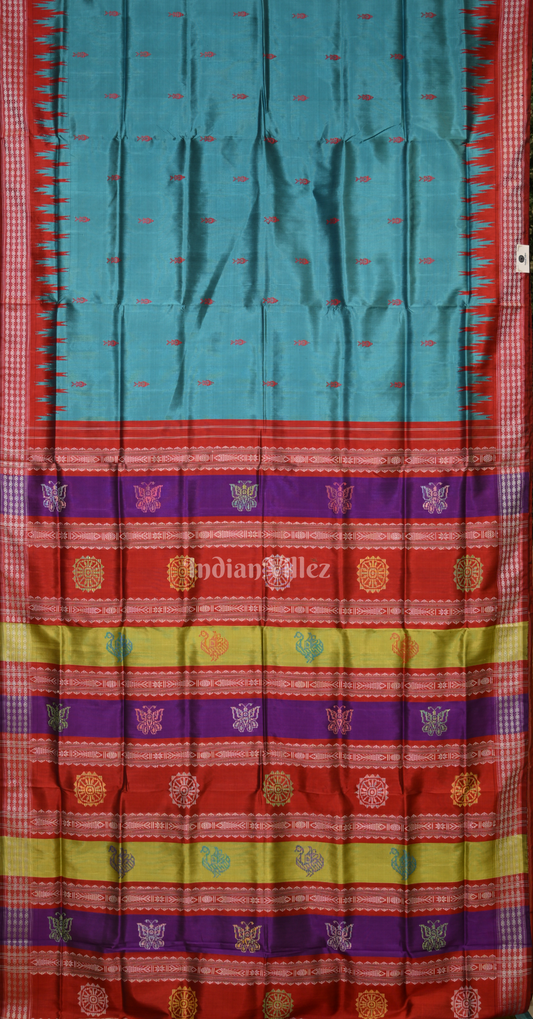 Turquoise Blue Red Fish Motif Double Pallu Berhampuri Silk Saree