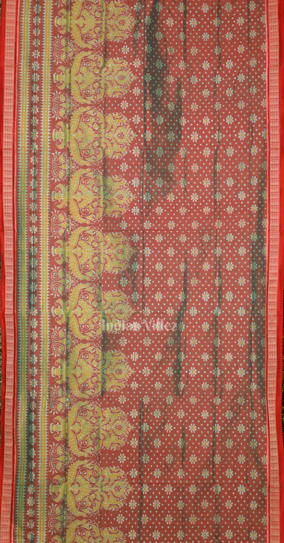 Turquoise Red Tree Scot Odisha Ikat Sambalpuri Silk Saree