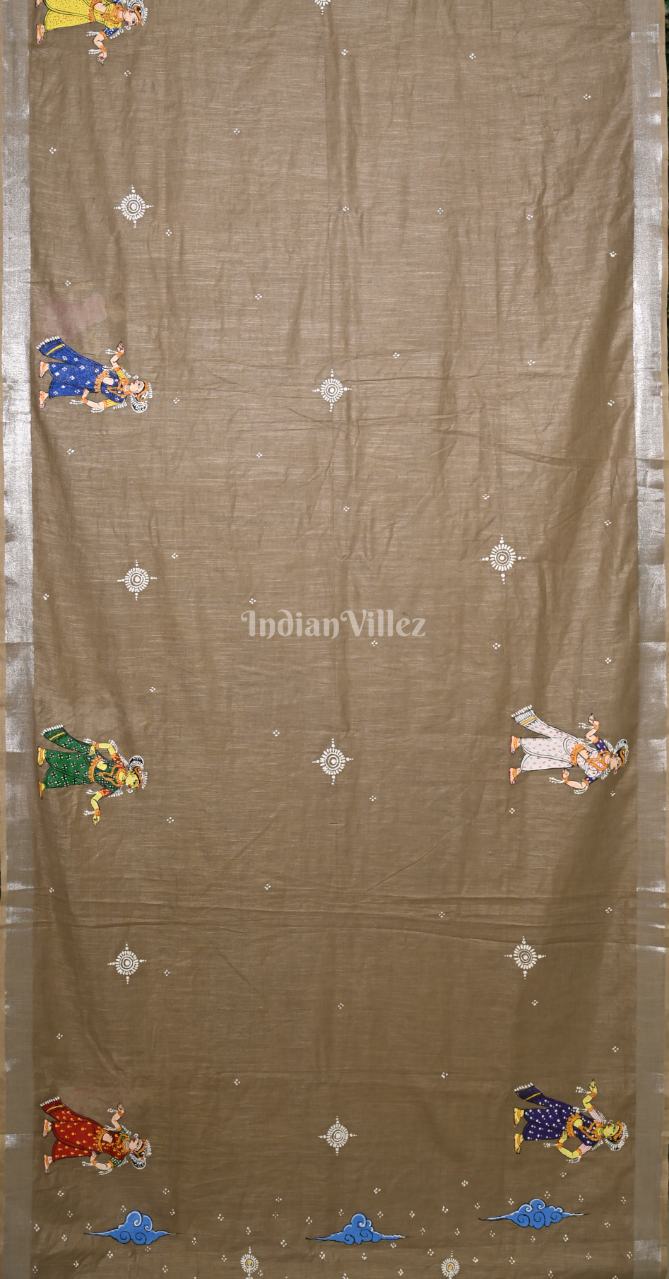  Mashroom Brown Ardha Chandra Krishna Rasa Leela Hand-Painted Pattachitra Saree
