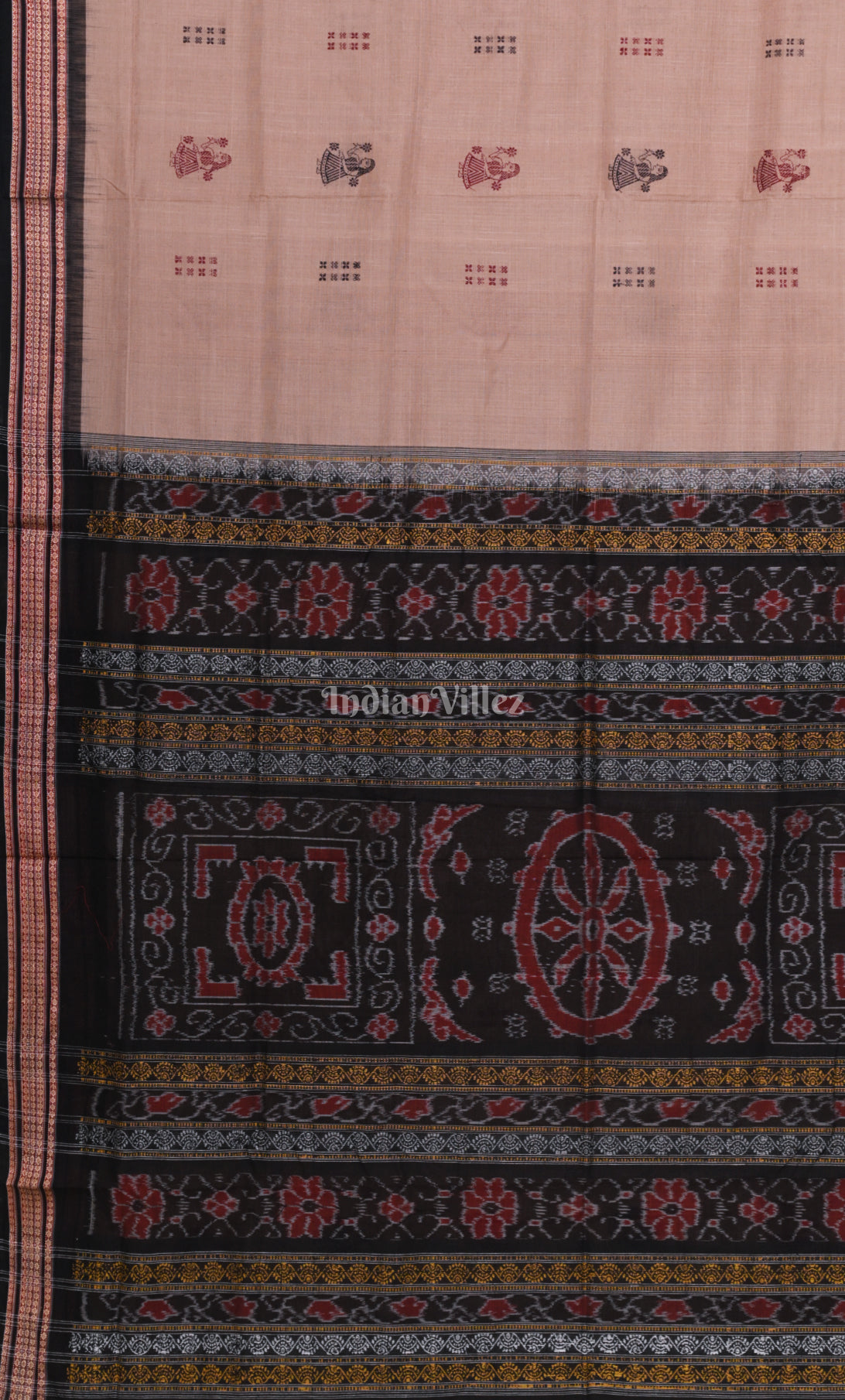 Pastel Beige Black Doll Theme Odisha Ikat Bomkai Cotton Saree 