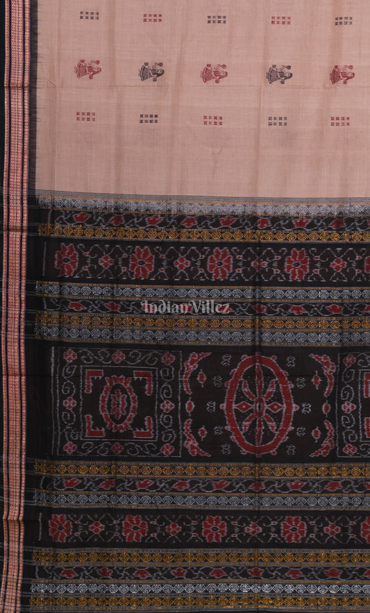 Pastel Beige Black Doll Theme Odisha Ikat Bomkai Cotton Saree 
