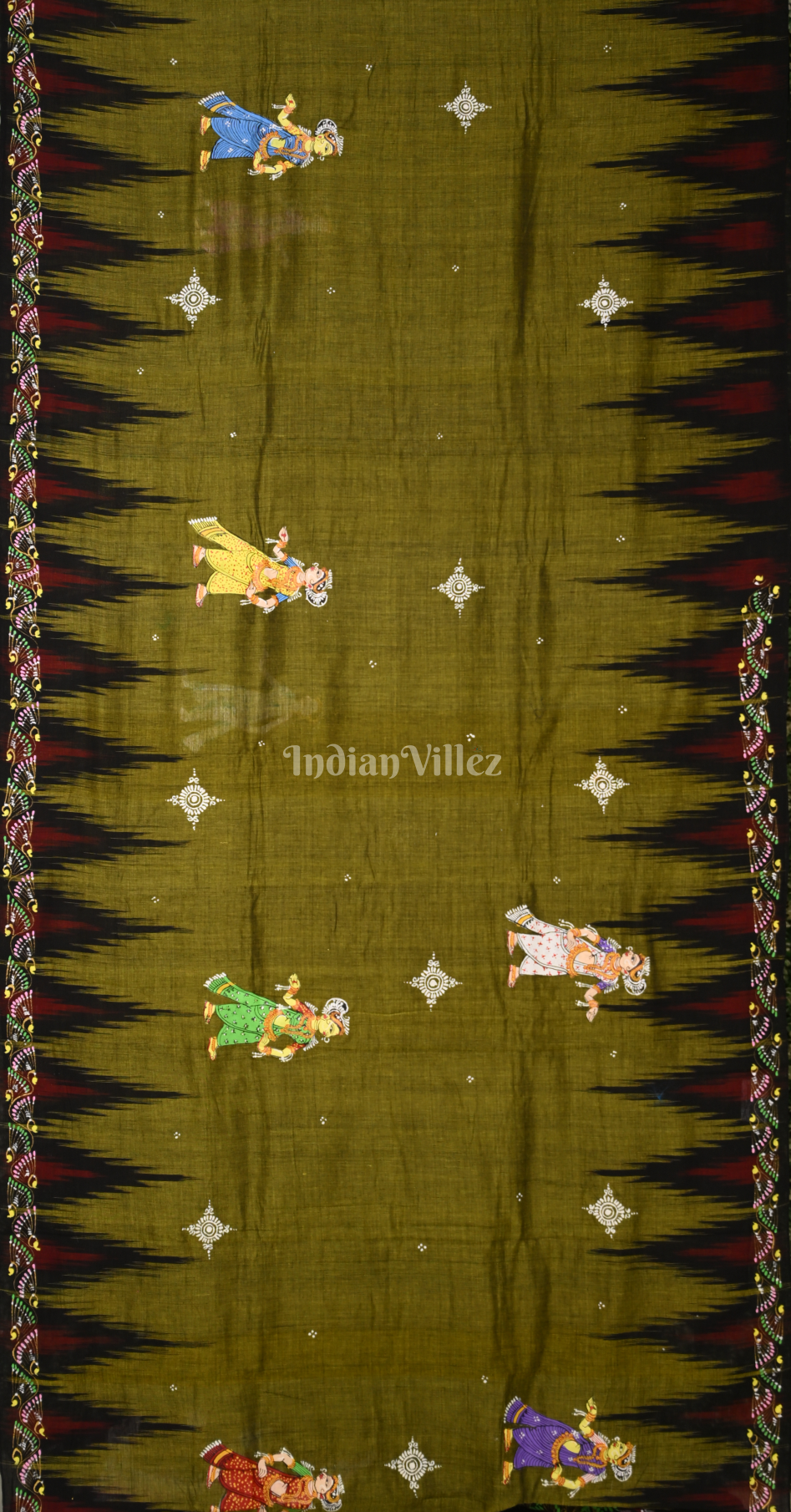 Mehendi Green Black Krishna Raas Leela Hand-Painted Pattachitra Saree