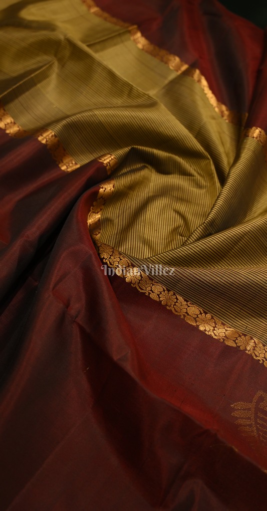 Olive Green Maroon  Zari Pure Kanjivaram Soft Silk Saree