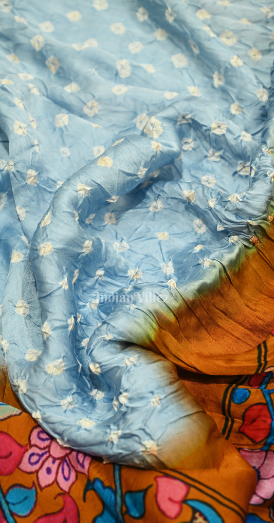 Light Blue Orange Bandhani Gharchola Gaji Silk Saree with Zari Work 