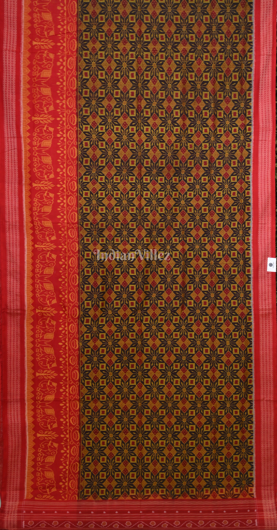 Yellow Red Pasapali Elephant Scot Odisha Ikat Sambalpuri Cotton Saree 